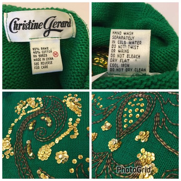 Vintage 80s Green Gold Sweater St Patricks Day Fighting Irish Beaded Sequins (BT - Picture 4 of 16